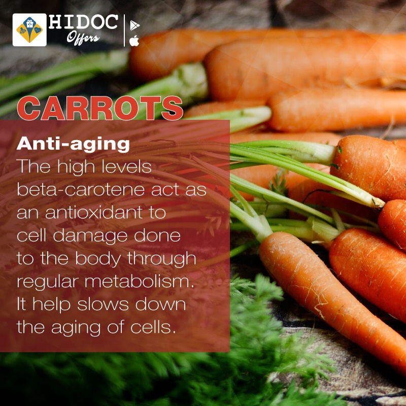 Health Tip - Carrots...Anti-aging- The high levels beta-carotene act as an antioxidant to cell damage done to the body through regular metabolism. It help slows down the aging of cells