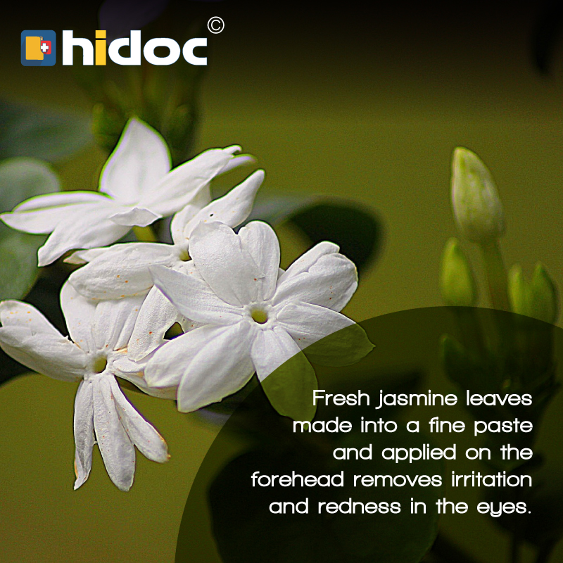 Health Tip - Fresh jasmine leaves made into a fine paste and applied on the forehead removes irritation and redness in the eyes.