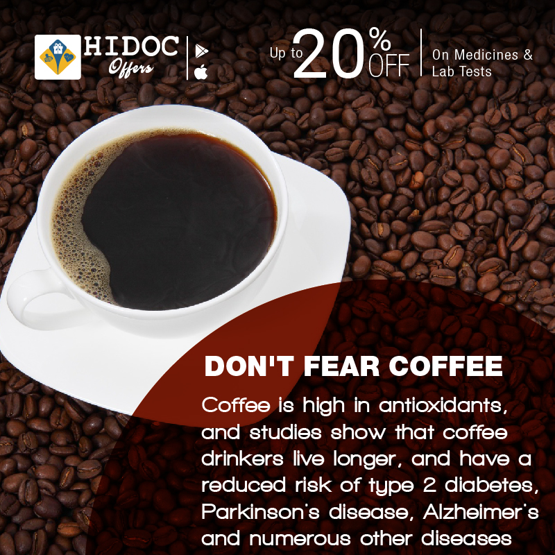 Health Tip - Coffee is high in antioxidants, and studies show that coffee drinkers live longer, and have a reduced risk of type 2 diabetes, Parkinson's disease, Alzheimer's and numerous other diseases