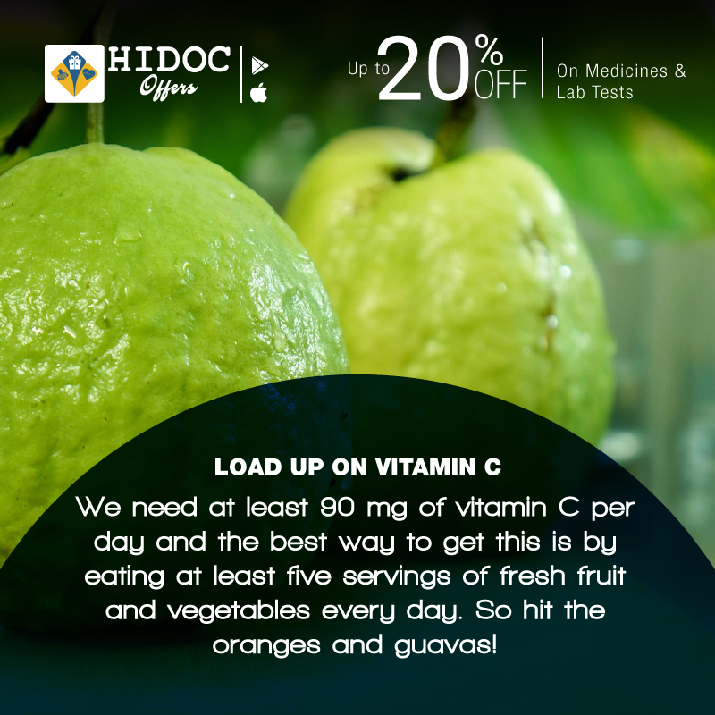 Health Tip - We need at least 90 mg of vitamin C per day and the best way to get this is by eating at least five servings of fresh fruit and vegetables every day. So hit the oranges and guavas! 