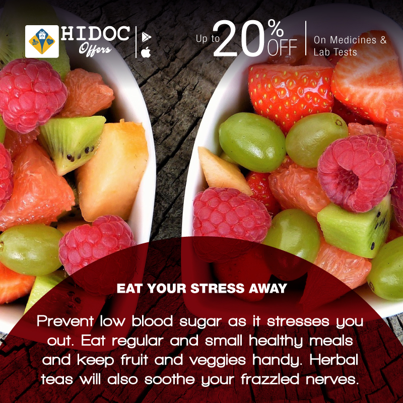 Health Tip - Prevent low blood sugar as it stresses you out. Eat regular and small healthy meals and keep fruit and veggies handy. Herbal teas will also soothe your frazzled nerves.